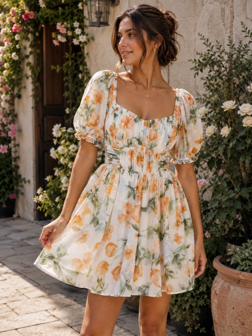 Abercrombie Orange Floral Smocked Puff Sleeve Sweetheart Mini Dress Sz S